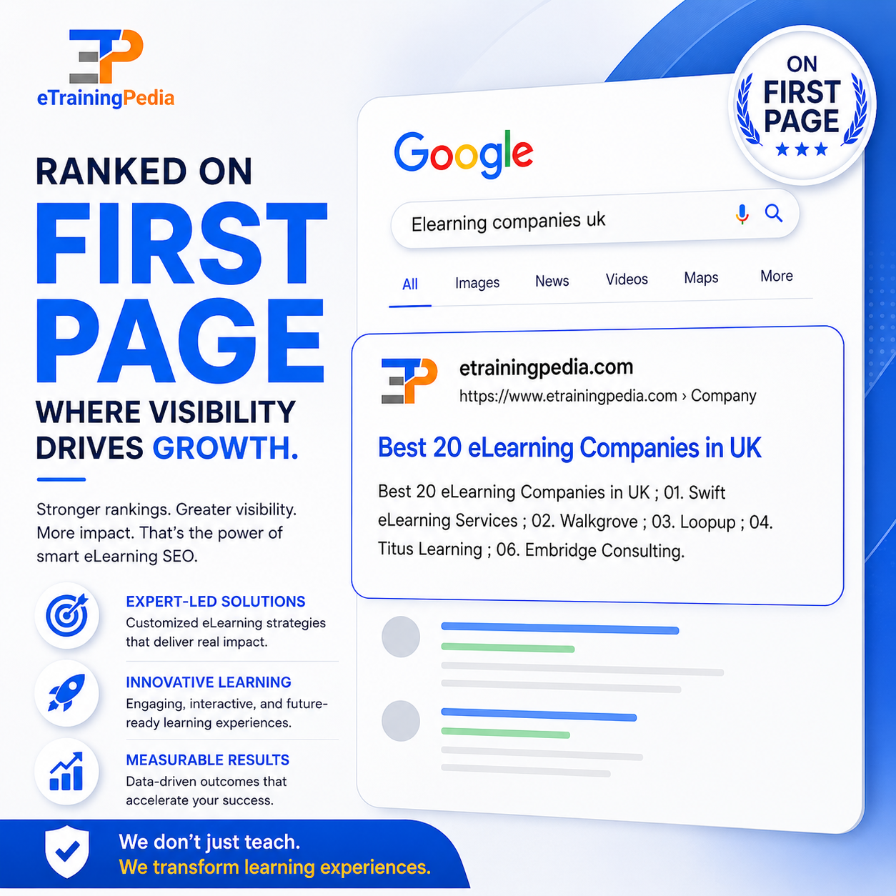 eTraining Pedia ranked on the first page of Google for elearning companies UK